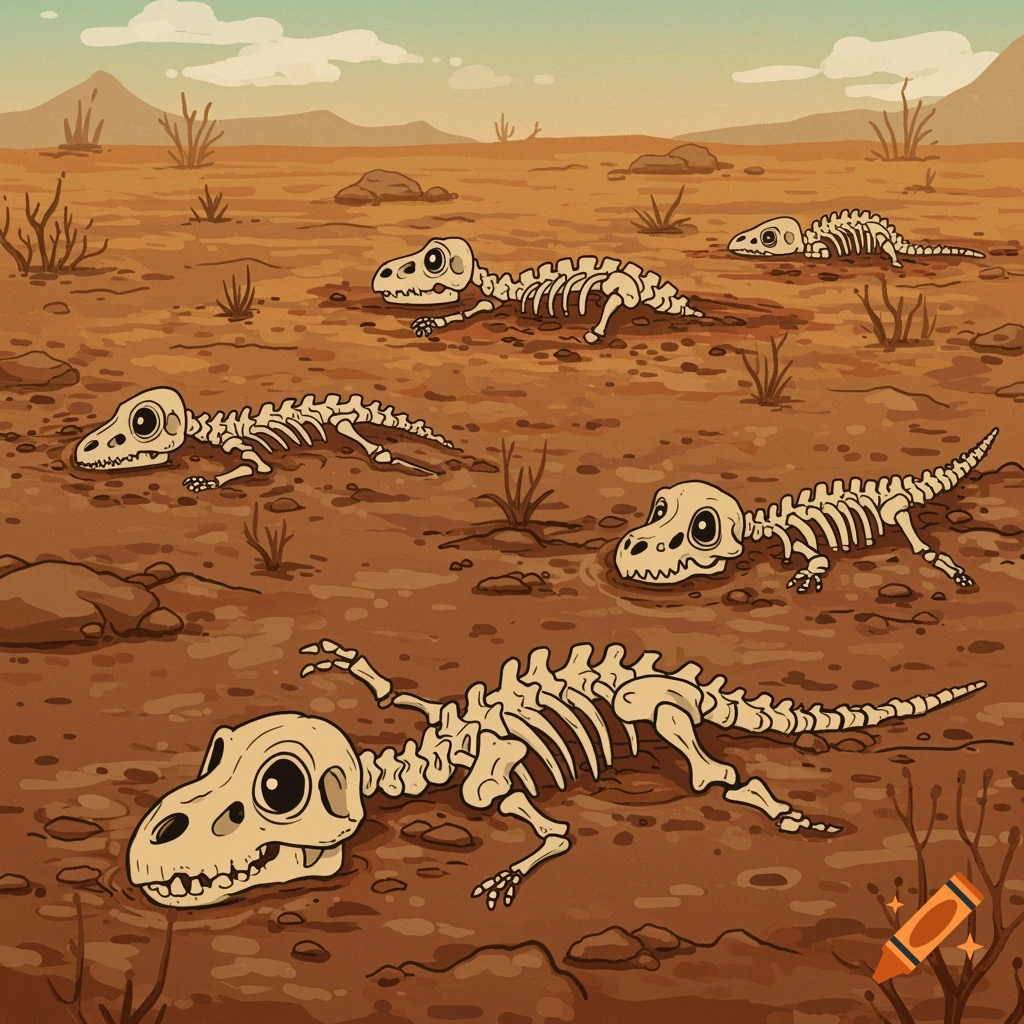 Cartoon illustration of several dinosaur skeletons in a desert landscape