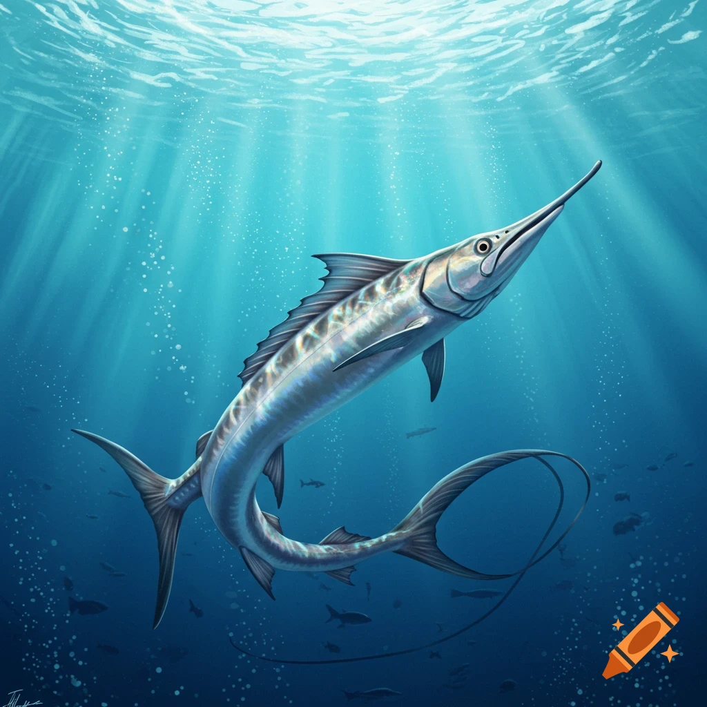 A sailfish swims in blue underwater sunlight