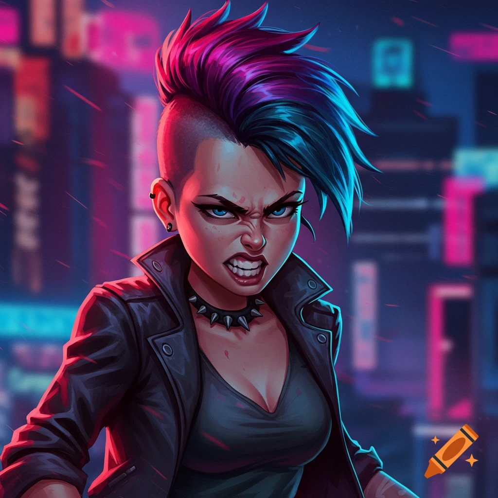 An angry woman with a mohawk and leather jacket stands against a neon city background.