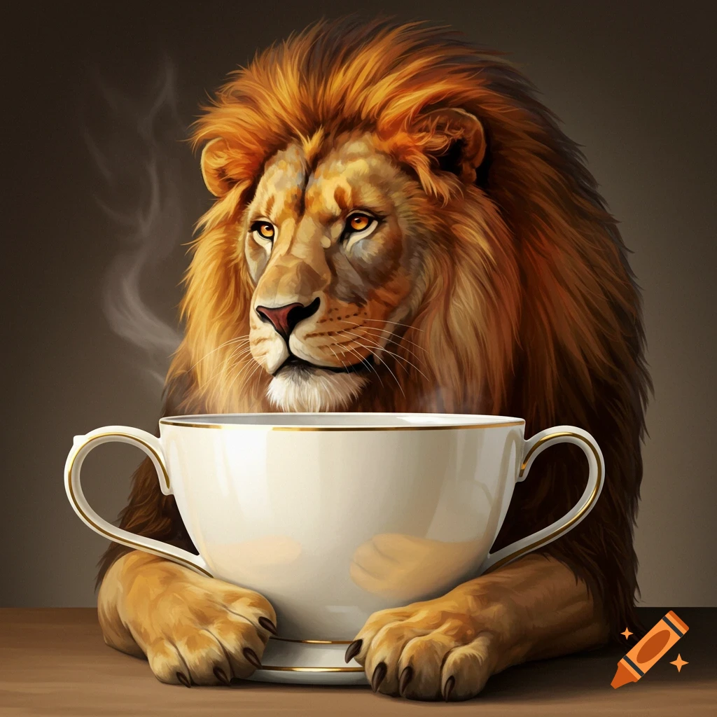 A realistic lion holding a steaming large cup.