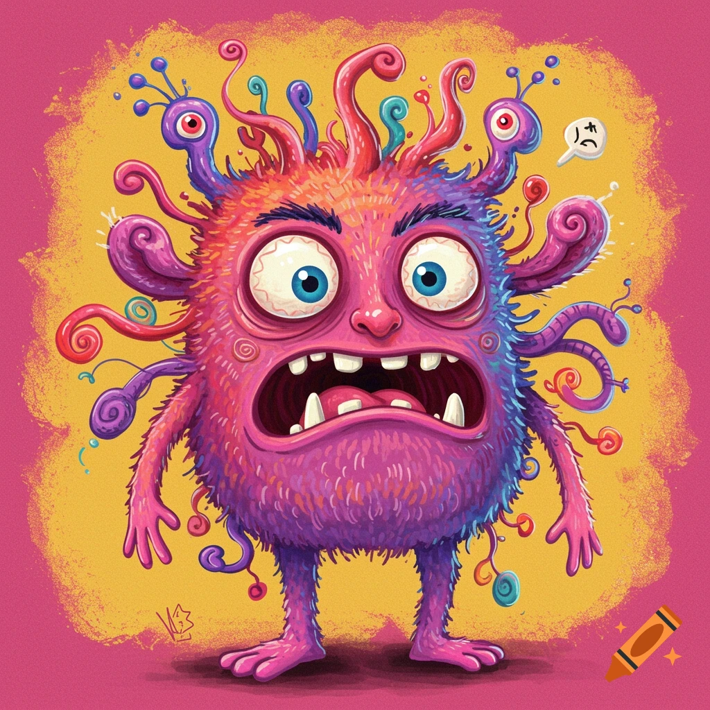 A colorful, multi-limbed cartoon monster with wide eyes looks scared against a textured background.