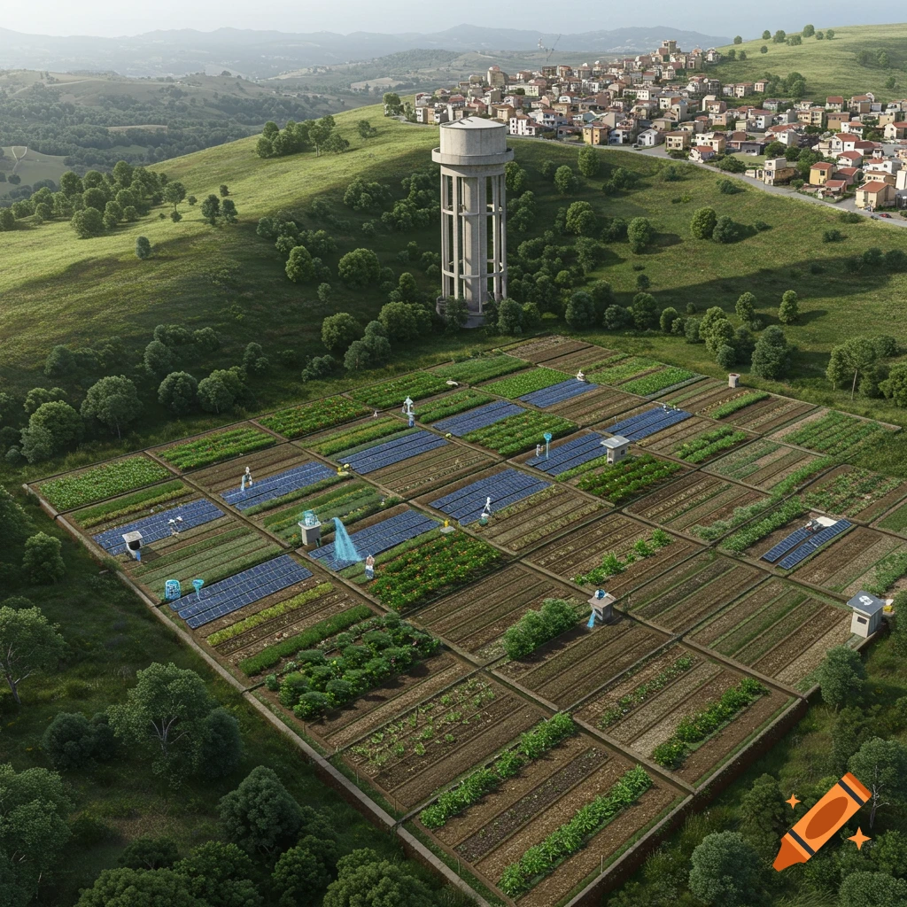 Aerial view of a gridded farm field with solar panels, a water tower, and a village on a hill.