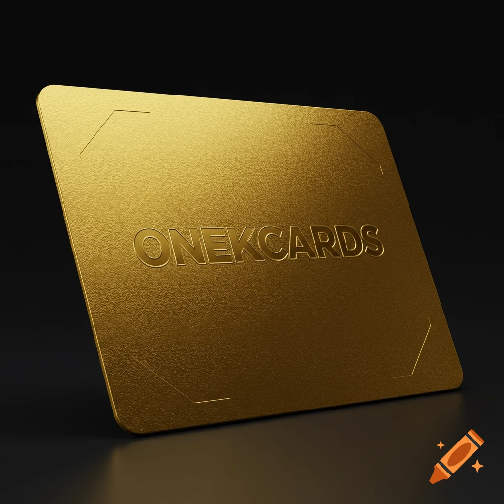 A close-up view of a golden card with the word ONEKCARDS embossed on it.