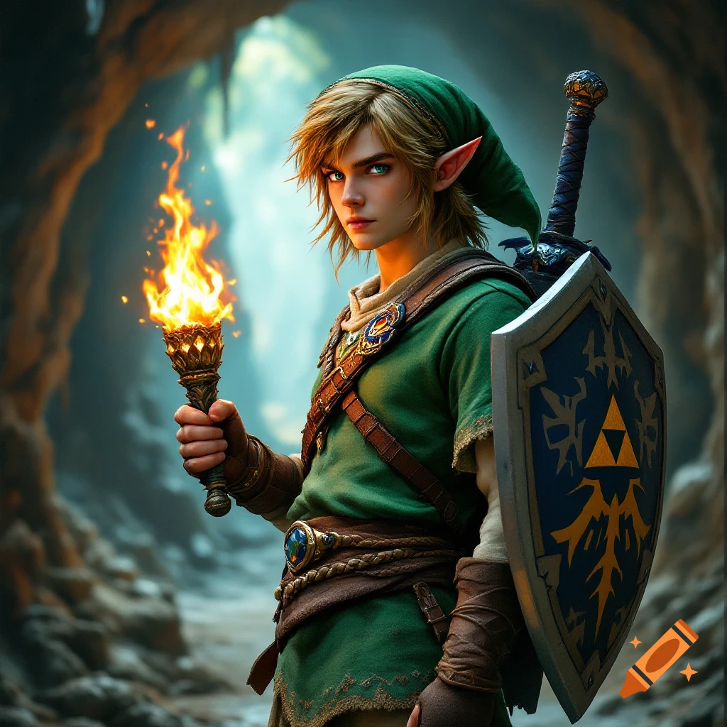 Link from Zelda holding a flaming torch and shield in a cavern.