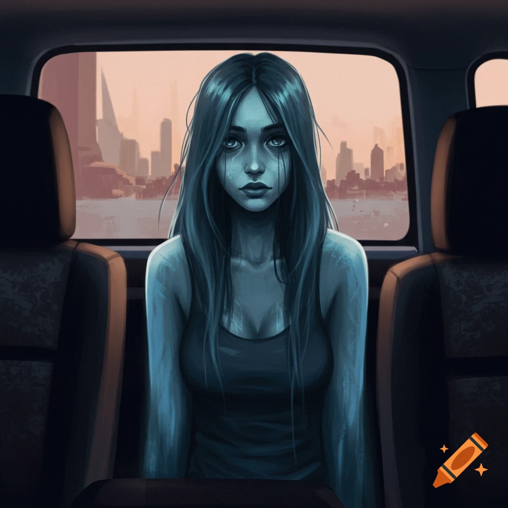 A pale female ghost is sitting in the back seat of a car.