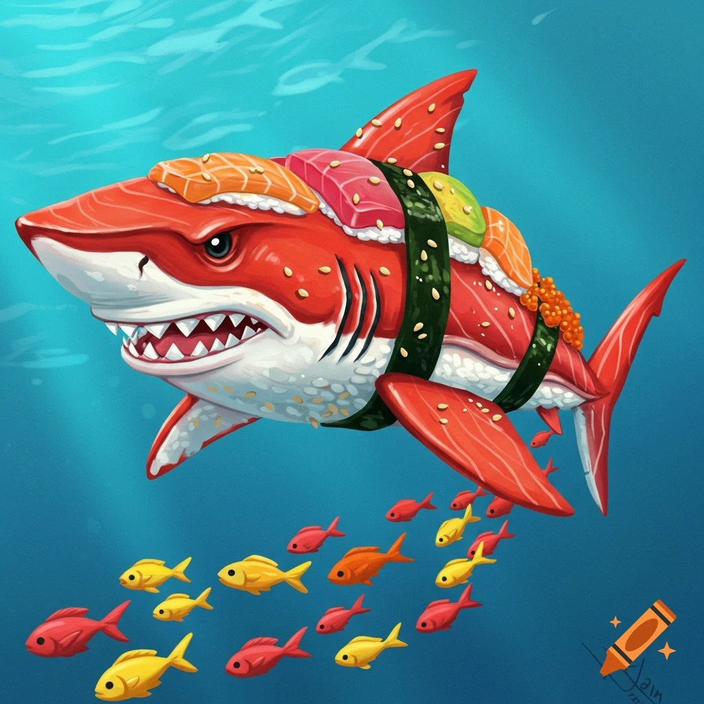 A red cartoon sushi shark swims underwater with small fish.