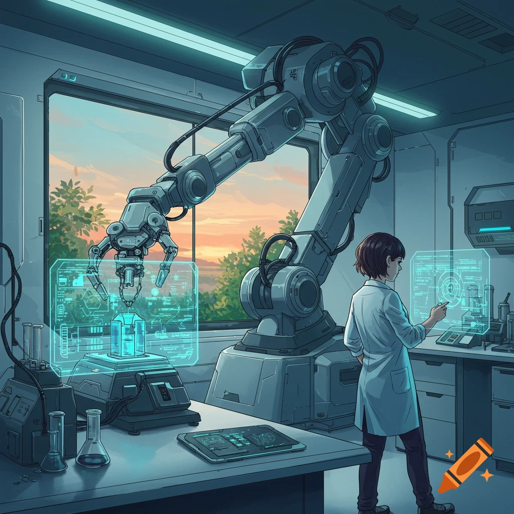 A robotic arm and a scientist work in a futuristic science lab with holographic screens.