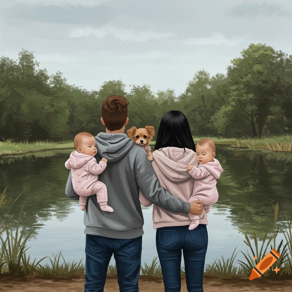 A family with two babies and a dog standing by a pond, looking out at the water.