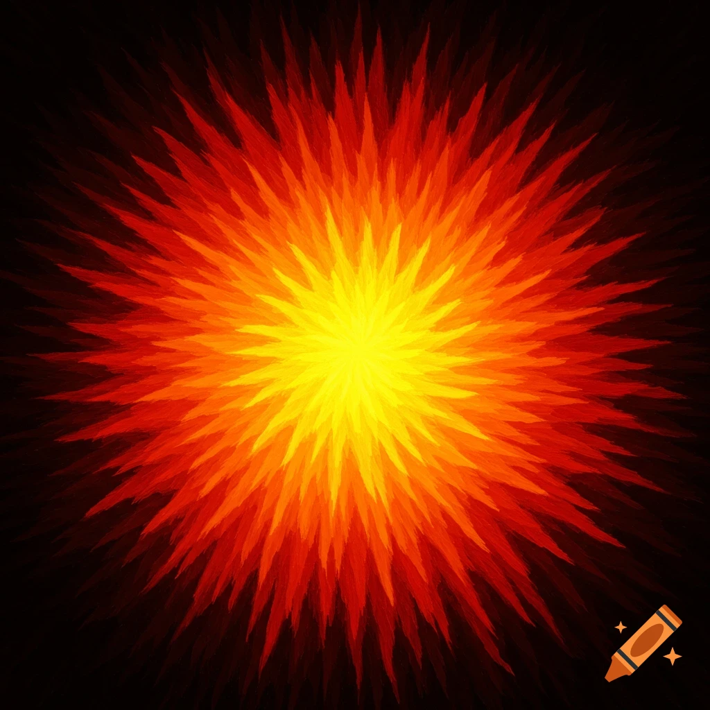 Abstract sunburst pattern with yellow center radiating orange and red spikes on a black background.