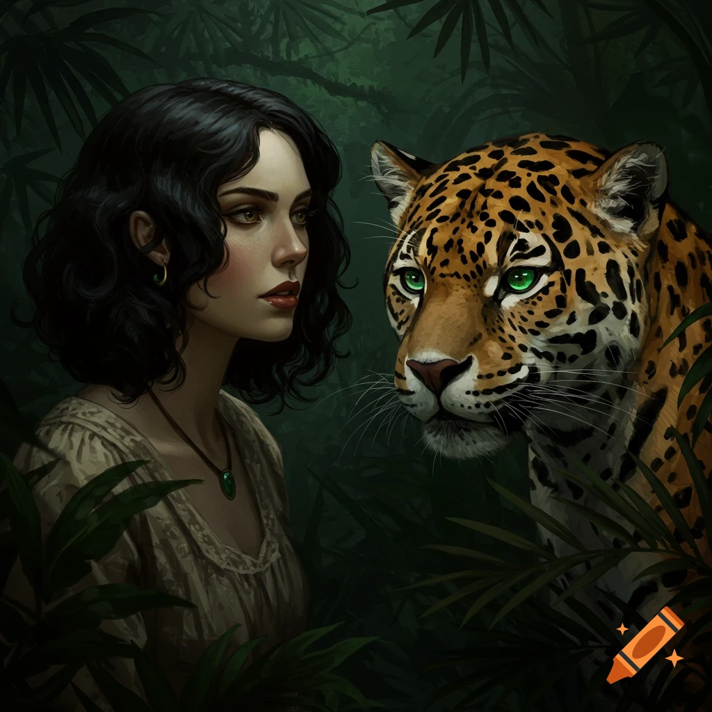 A woman looks at a jaguar in a jungle.