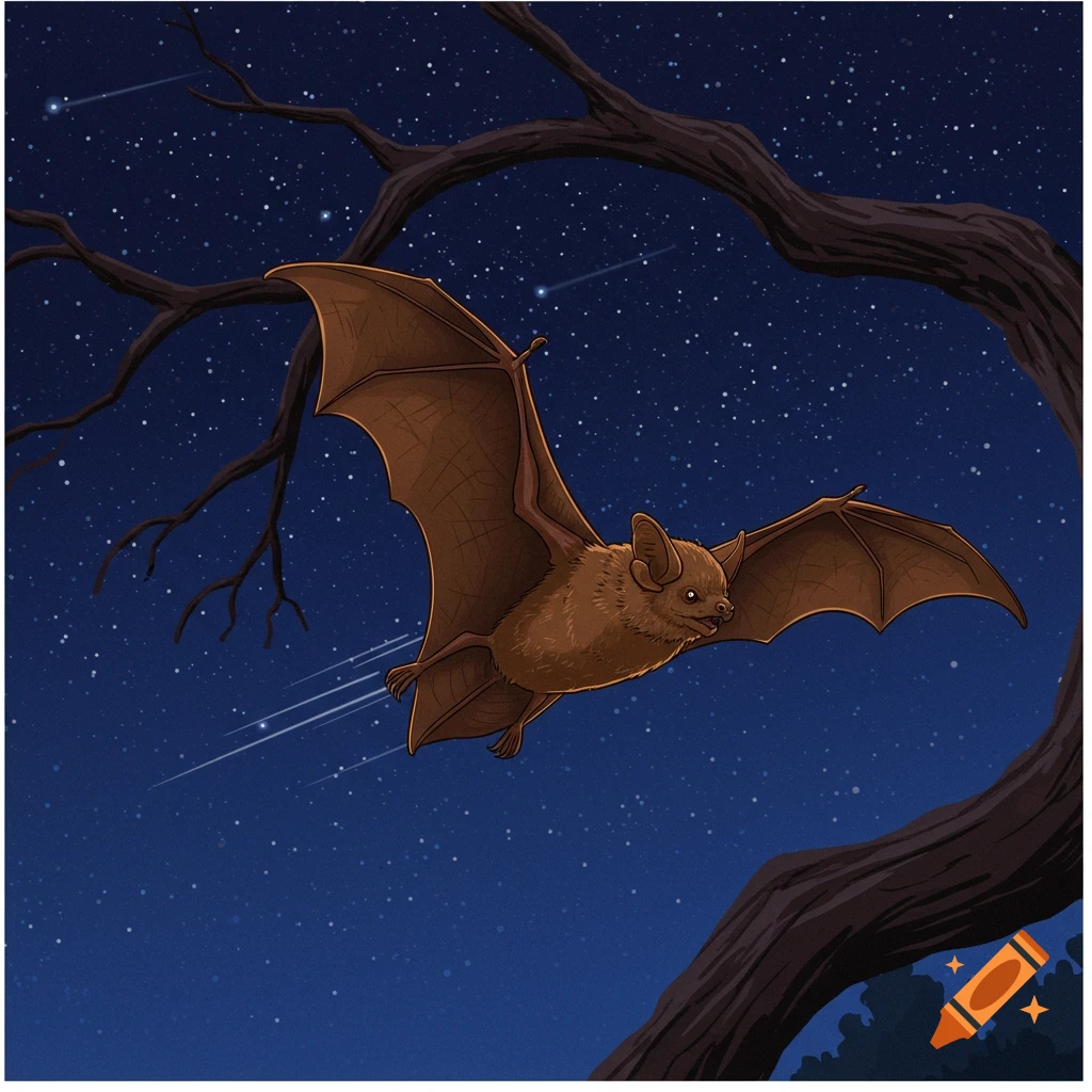 Illustration of a bat flying through a starry night sky.