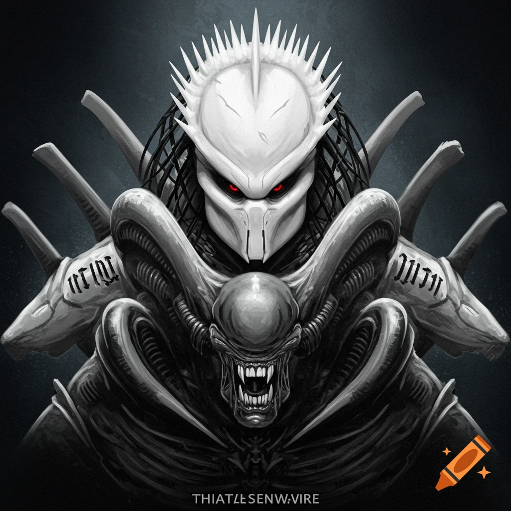 A creature fusion resembling a Predator mask, Alien mouth, red eyes, and spikes.
