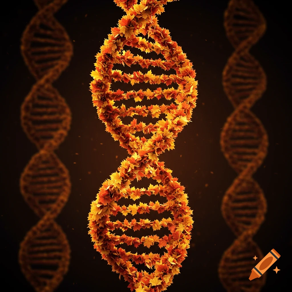 A structure resembling a DNA double helix made entirely of vibrant orange and yellow autumn leaves against a dark background.