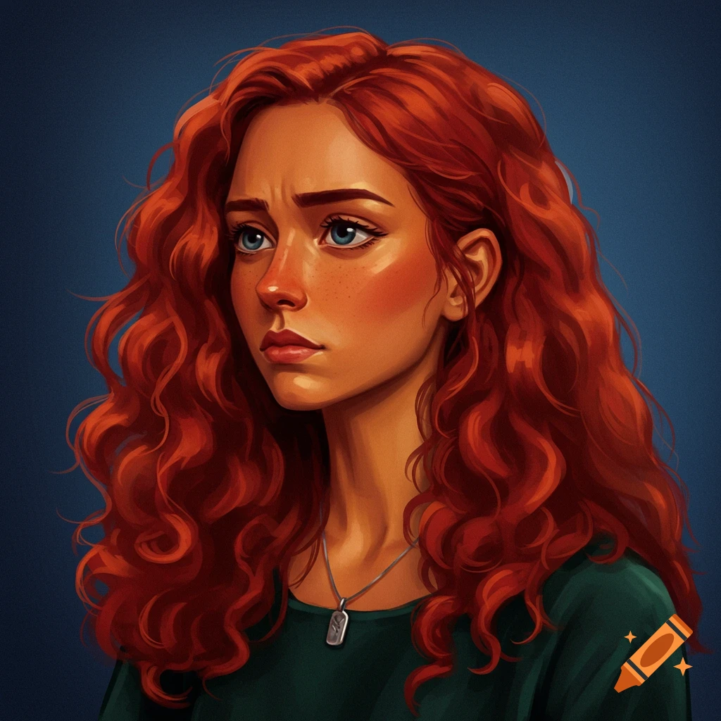 A portrait of a young woman with long red hair, blue eyes, and freckles, wearing a green shirt and a pendant.