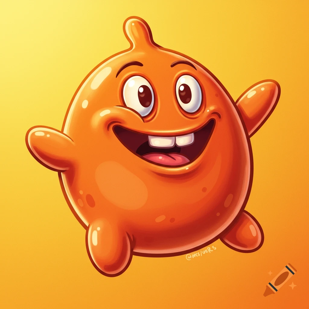 A cute orange cartoon blob monster with big eyes and a wide smile.