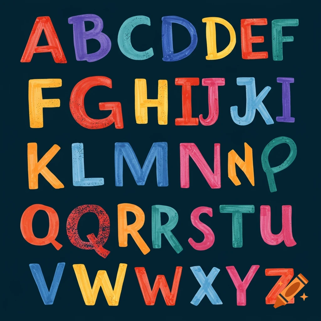 Colorful hand-drawn alphabet letters A-Z on a dark background.