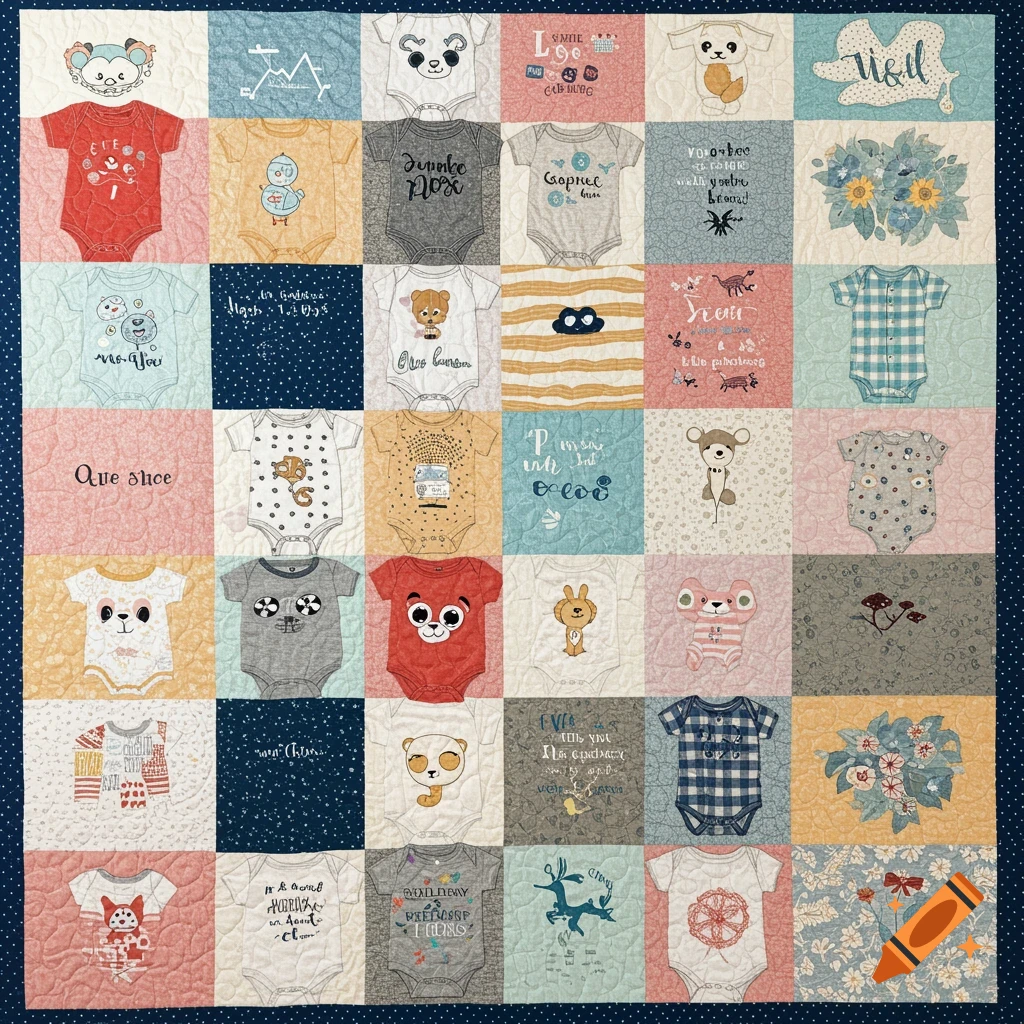 A patchwork quilt featuring squares with baby onesies decorated with animals and text.