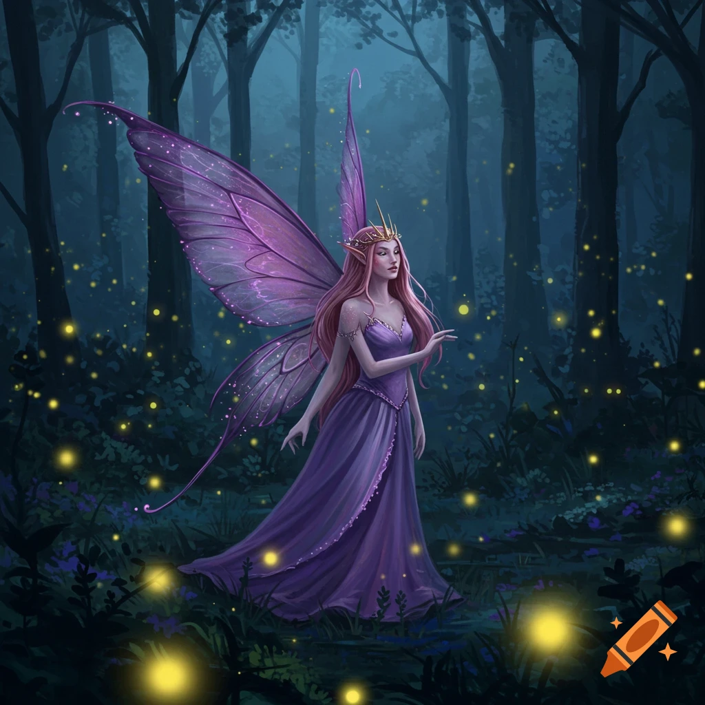 A fairy queen with purple wings is surrounded by fireflies in a dark forest at night.