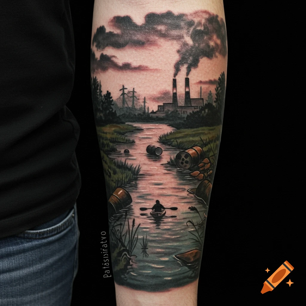 Tattoo of a person kayaking down a polluted river past a factory and waste barrels.
