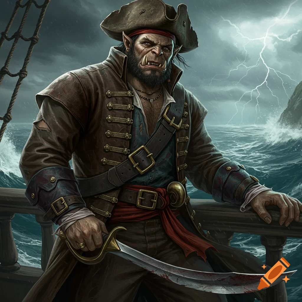 An orc pirate stands on a ship deck during a storm, holding a cutlass.