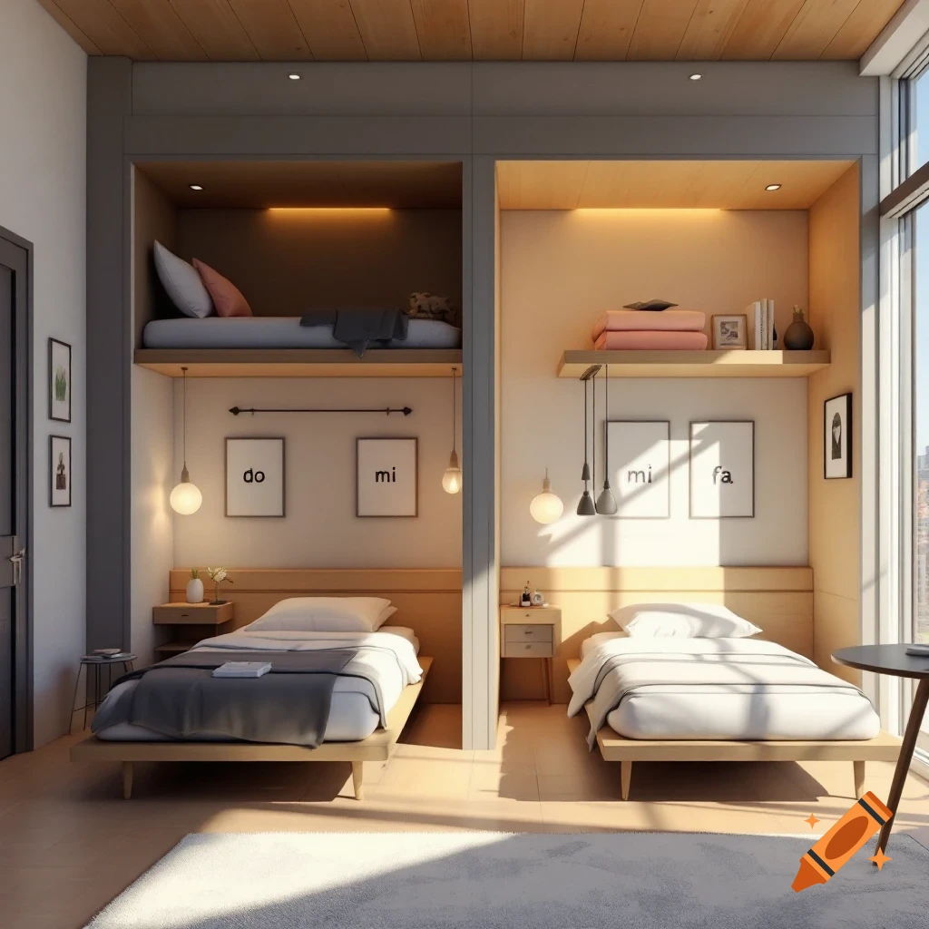 Modern bunk and single beds in a bright bedroom with signs on the wall.
