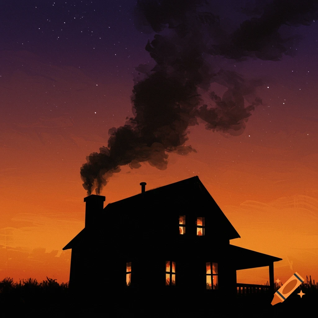 A silhouette house with smoke against an orange and purple sunset sky with stars.