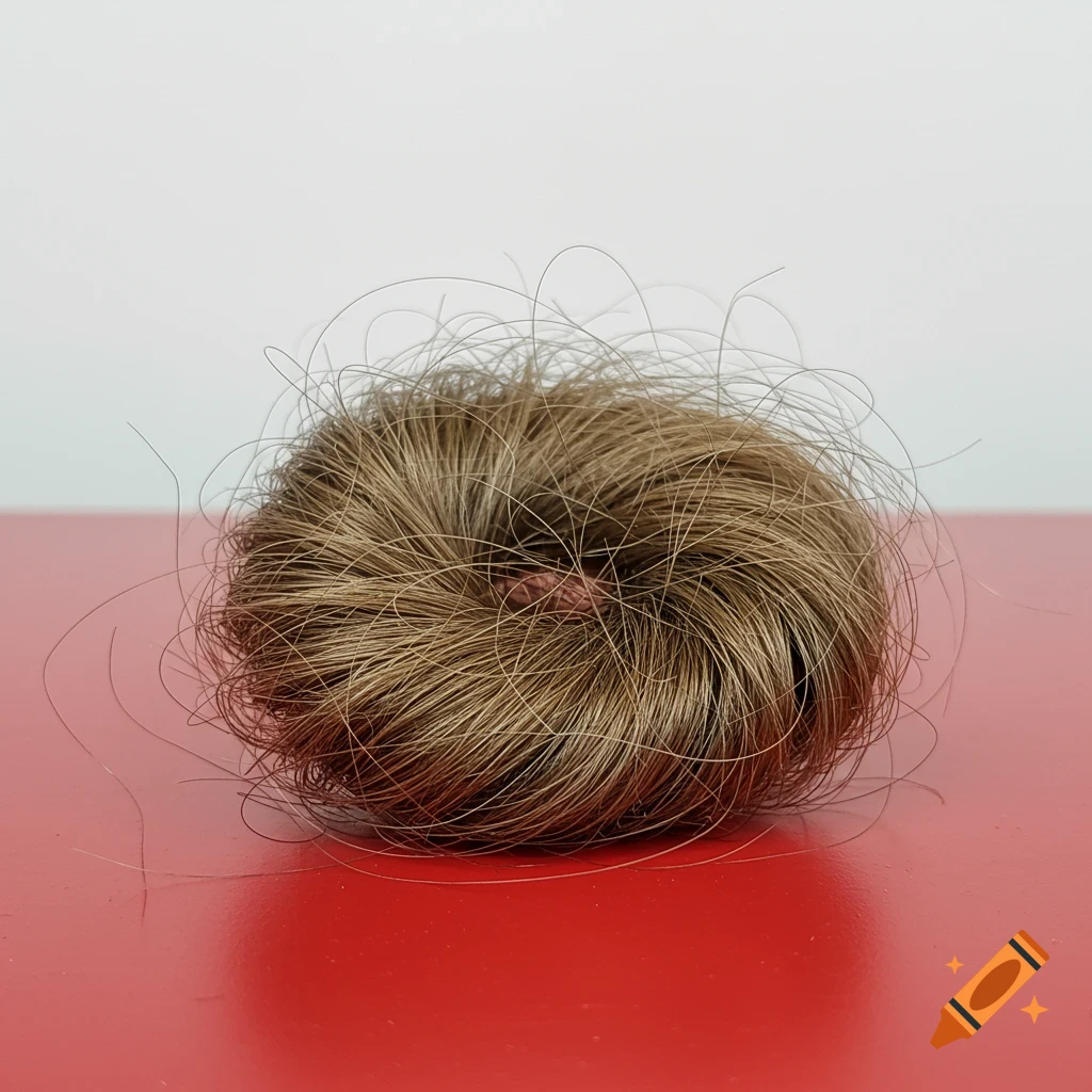 A ball of dry hair sits on a red table against a white background.