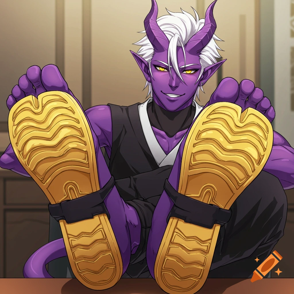 Anime-style tiefling character sitting with feet on desk, wearing yellow jika-tabi shoes.