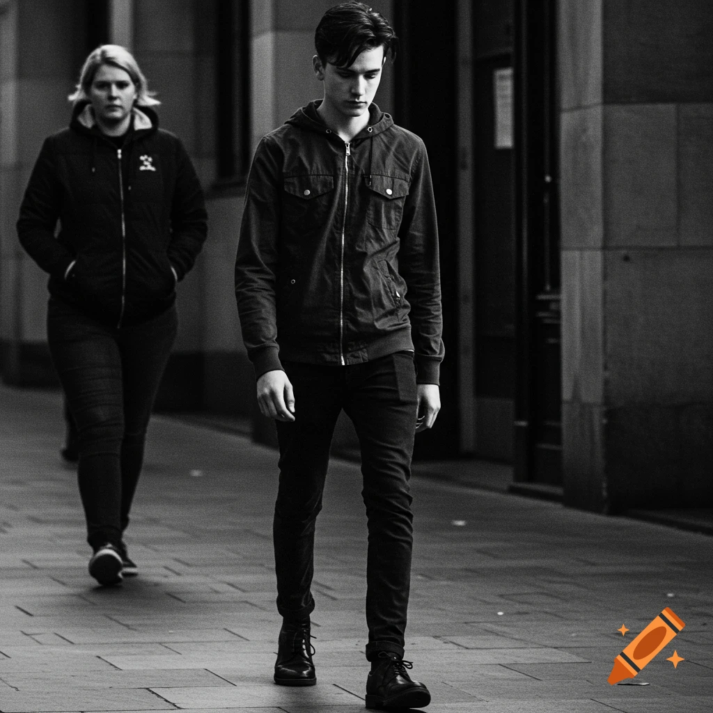 Black and white photo of a young man walking on a sidewalk, looking down, with a woman walking behind him.