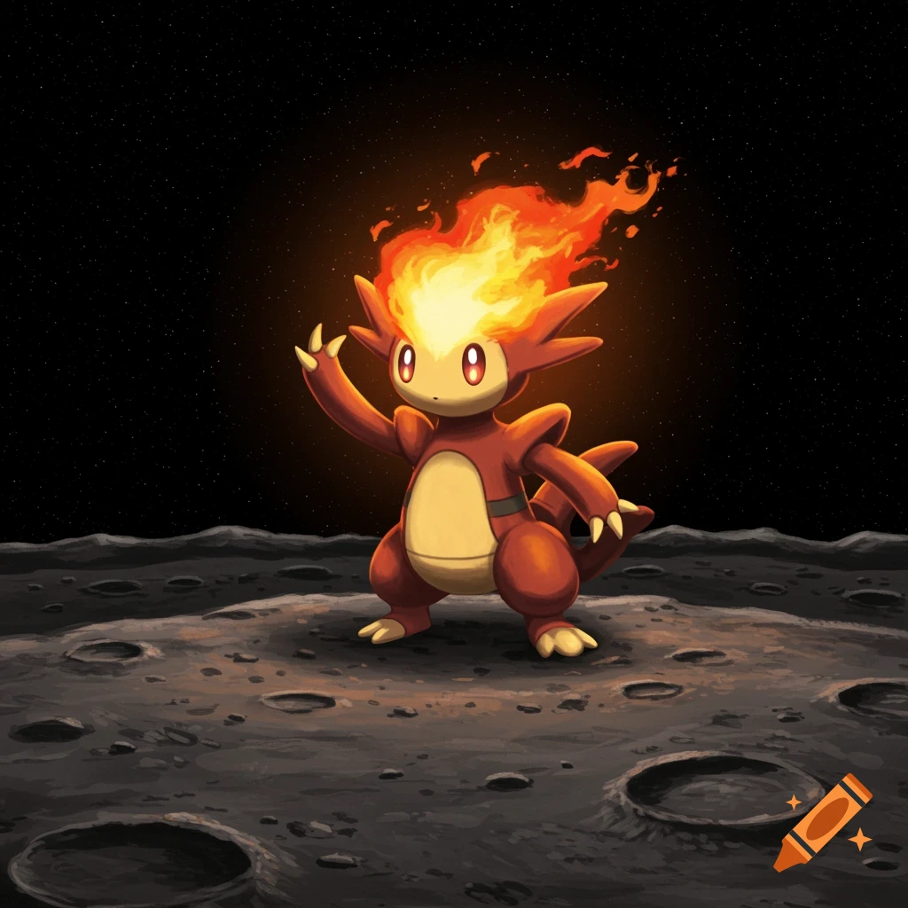 The Pokemon Magmar standing on the moon.