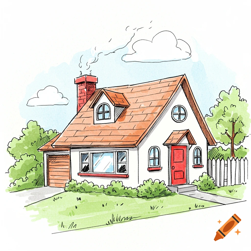 A watercolor and ink cartoon sketch of a house with a red door and garage.
