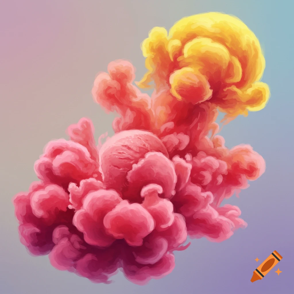 Abstract shapes in pink, red, and yellow resemble smoke or melting gelato.