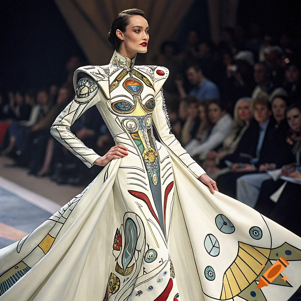 A model in a striking white dress with colorful abstract designs walks on a fashion runway.