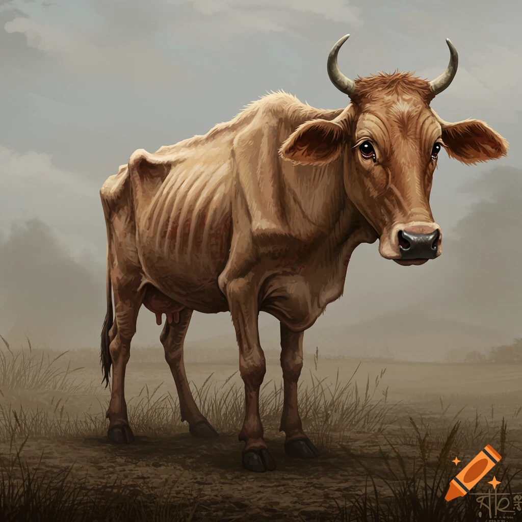 A malnourished cow stands in a field under a cloudy sky.