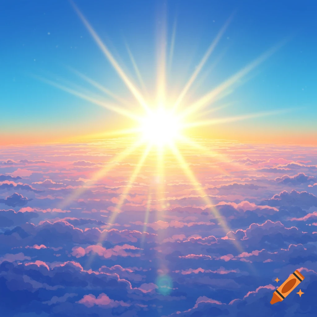 Bright sun over pink and blue clouds in anime style.