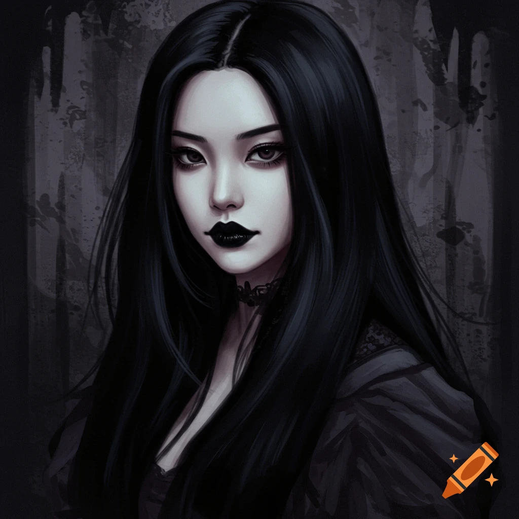 A portrait of a goth woman with long black hair and black lipstick.