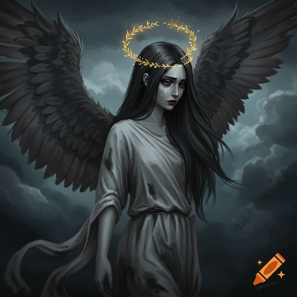 A dark depiction of an angel with large black wings and a golden halo, crying with tears streaking down their face.