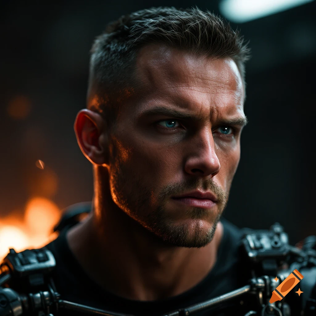 Photorealistic portrait of a man with blue eyes, short hair, stubble, and sci-fi gear, looking intense with fire in background.