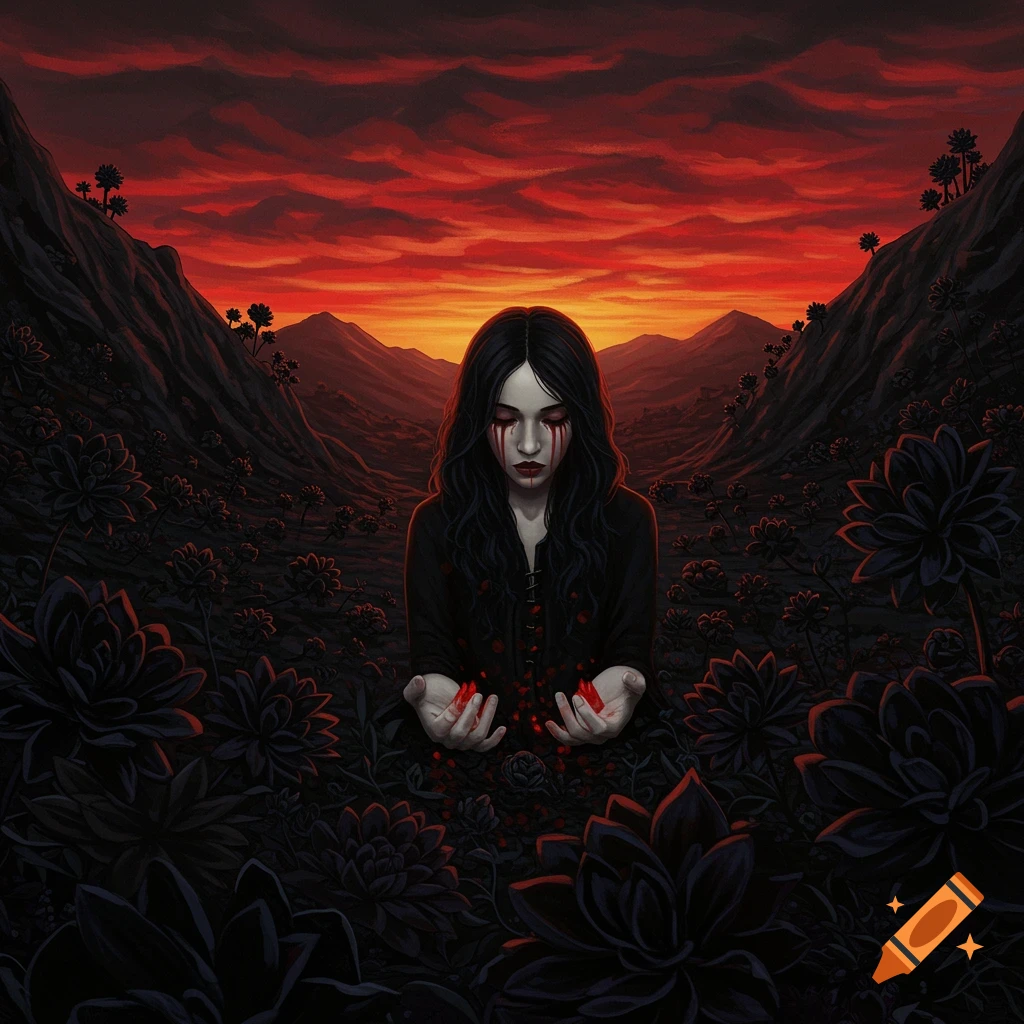Painting of a woman with blood tears holding bloody hands in a dark valley with black flowers under a red sky.