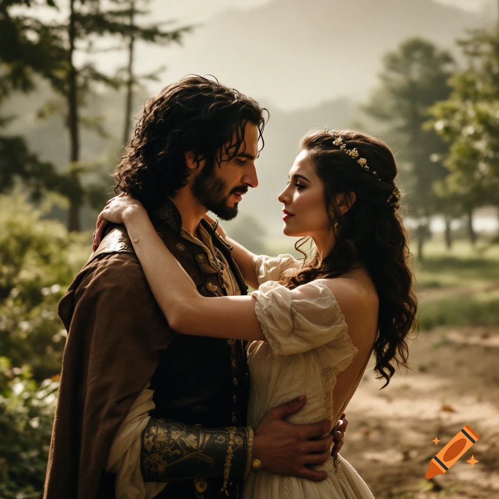 A man and woman embrace in a forest, looking into each other's eyes. Photorealistic style.