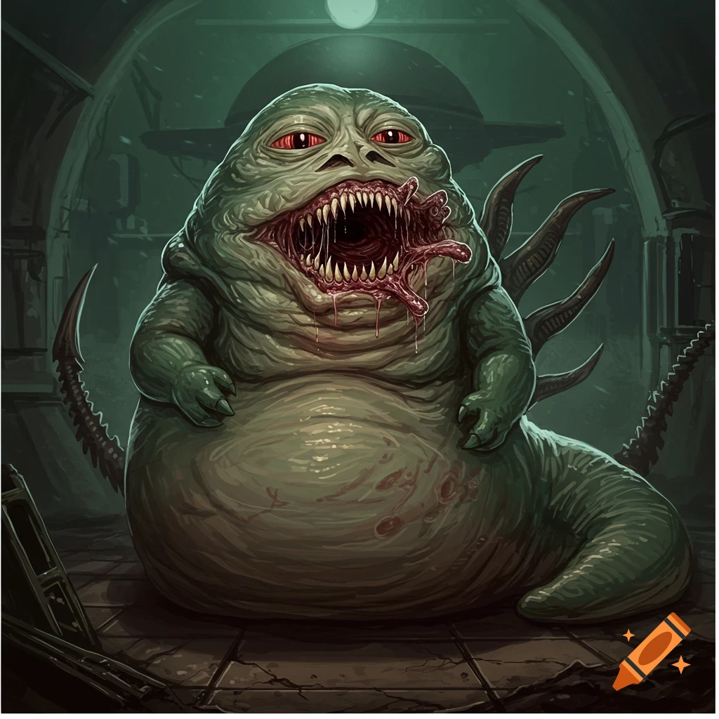 A green monster with sharp teeth, slime, and tentacles.