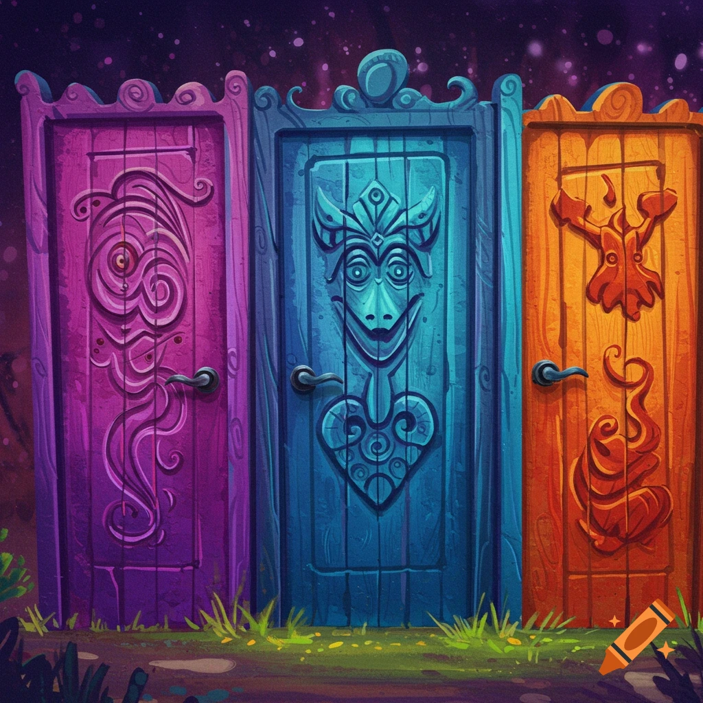 Three colorful, carved doors with faces in a dark fantasy setting.