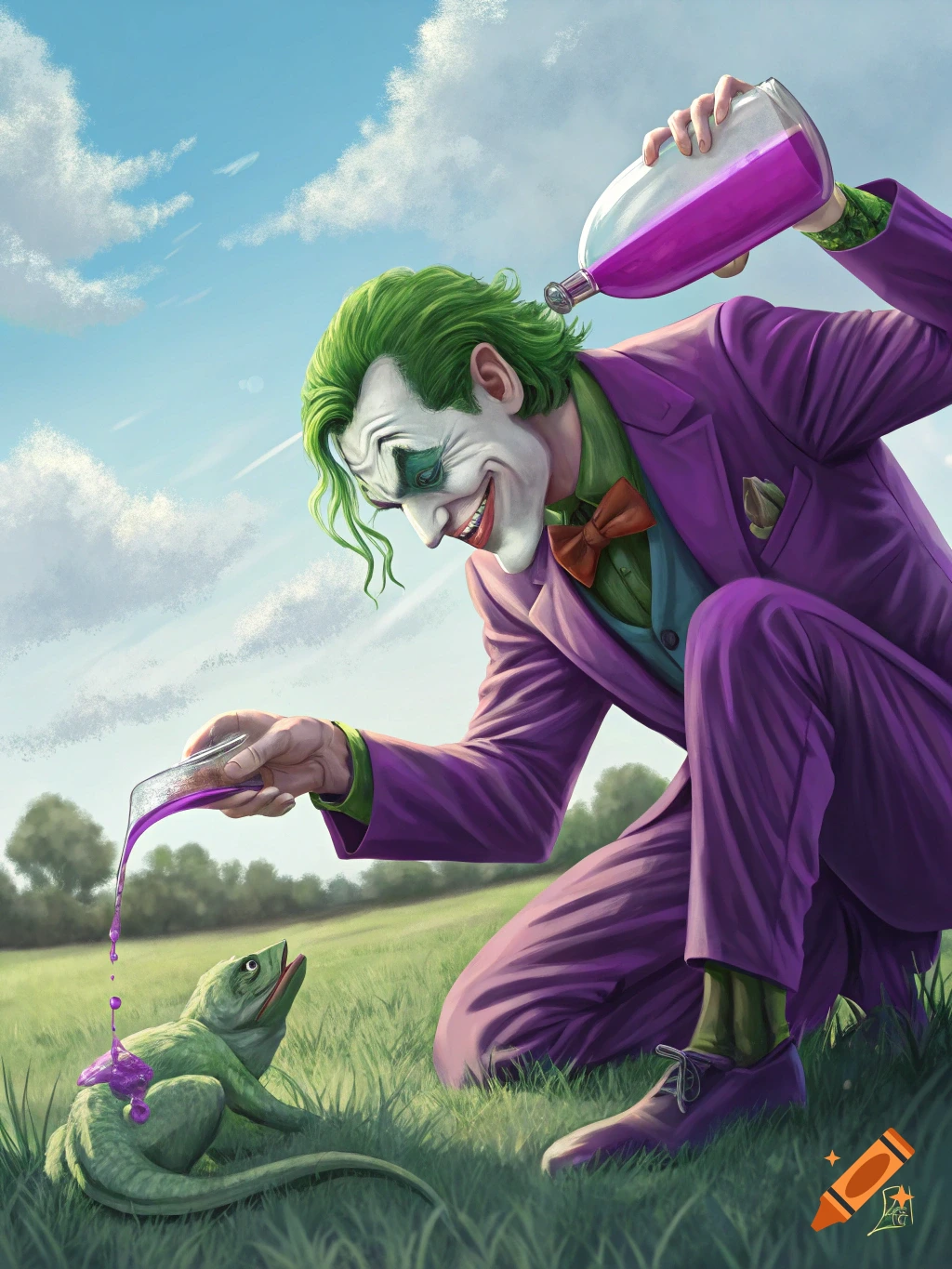 The Joker kneels in a grassy field, pouring purple liquid from a bottle onto a green lizard.