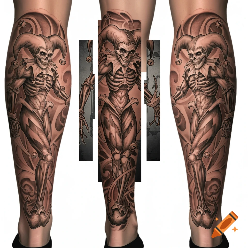Skeletal jester tattoo design on a leg.
