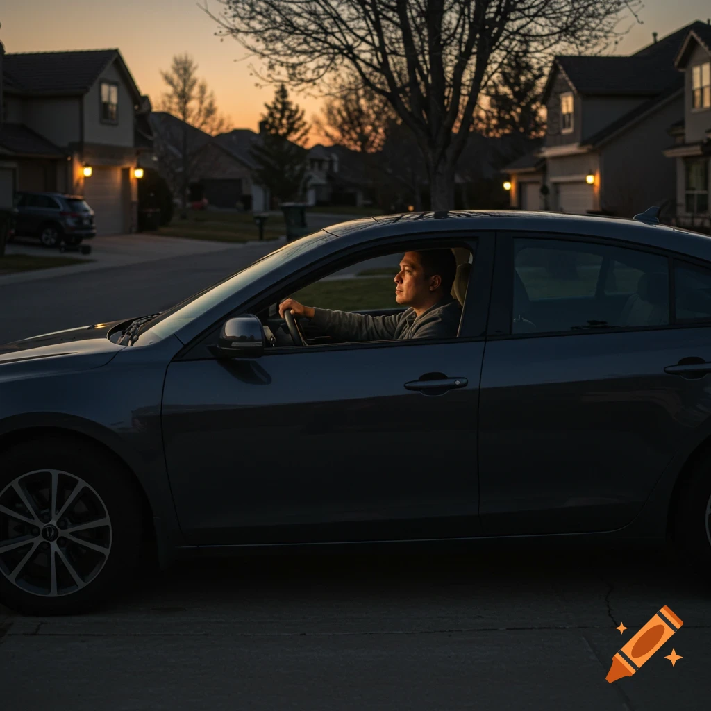 A person sits in a car on a suburban street at dusk.