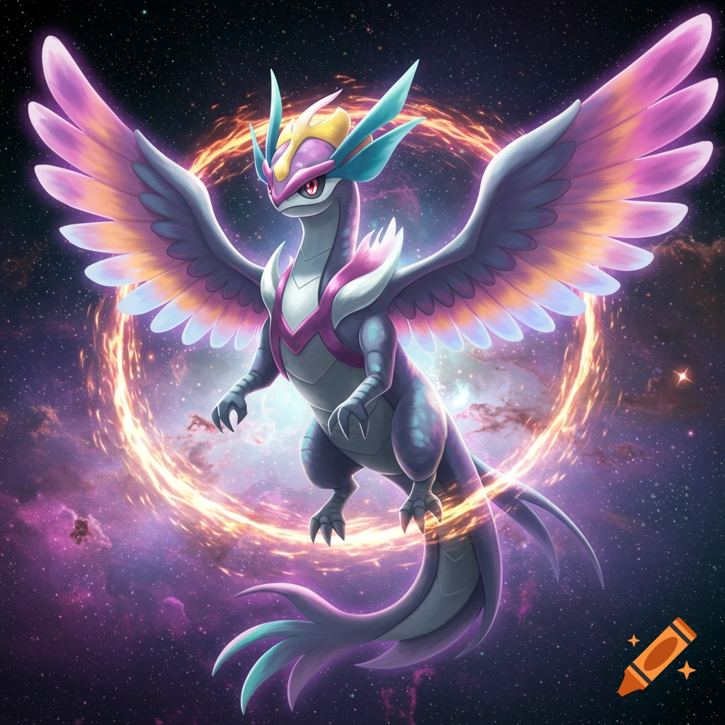 A purple and pink winged creature is flying in space surrounded by an energy ring.