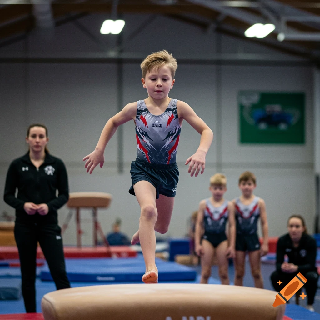 A boy in a leotard runs towards a vaulting horse in a gymnasium. Coaches and other gymnasts are in the background.