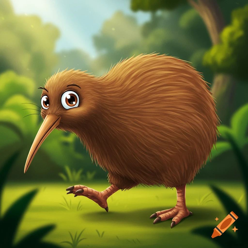 Cartoon kiwi bird waddling in a forest.