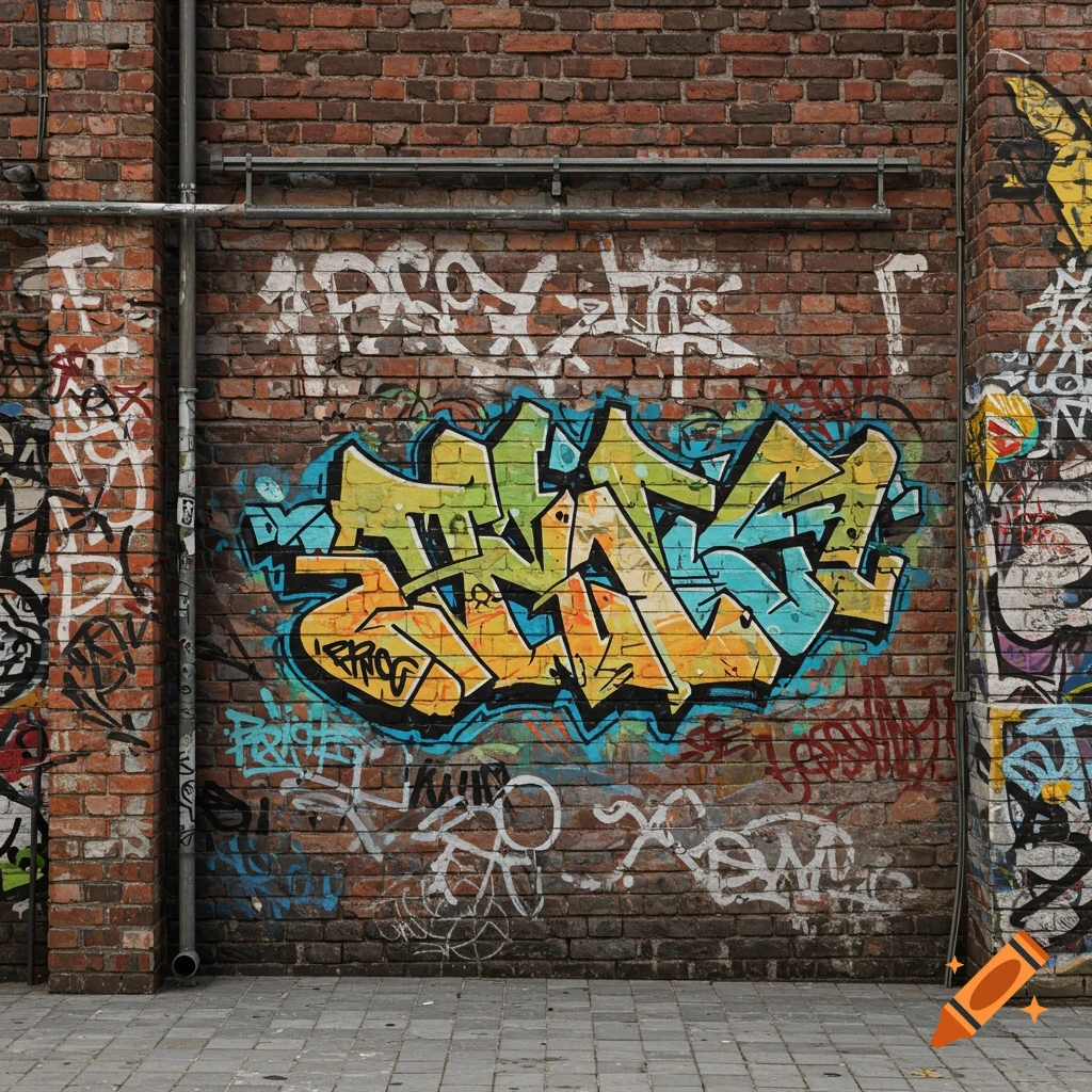 A brick wall covered in colorful, stylized graffiti and other markings.