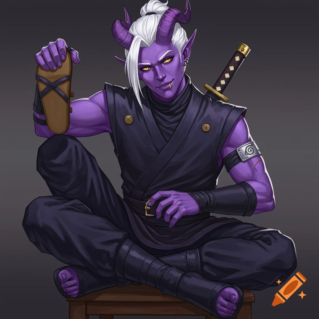 A purple-skinned male tiefling in ninja gear holding a sandal, sitting cross-legged.